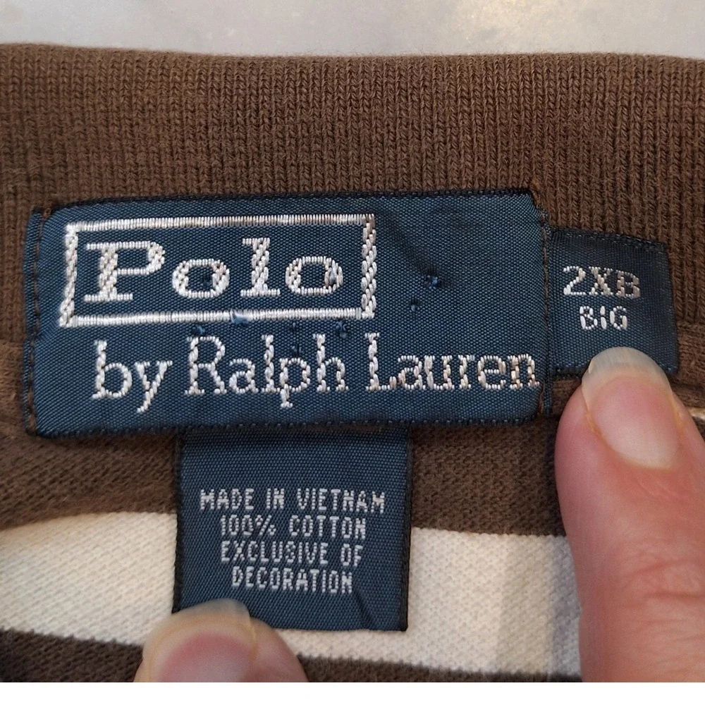 Vtg Y2K Polo Ralph Lauren Polo Shirt 2XB Brown Cream Striped SS Preppy AS IS